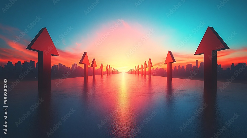 Poster 3D business concept of arrows converging to the top symbolizing synergy and focused effort towards a common goal Large space for text in center Stock Photo with copy space