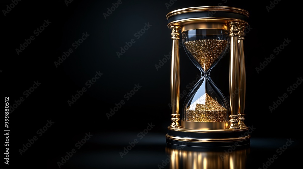 Aufkleber 3D-rendered hourglass with golden grains symbolizing strategic planning and successful time management isolated on a reflective background Large space for text in center Stock Photo with copy space
