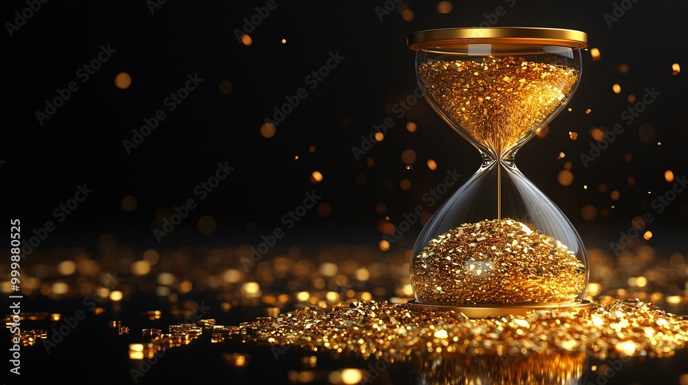 Poster 3D-rendered hourglass with golden grains symbolizing strategic planning and successful time management isolated on a reflective background Large space for text in center Stock Photo with copy space