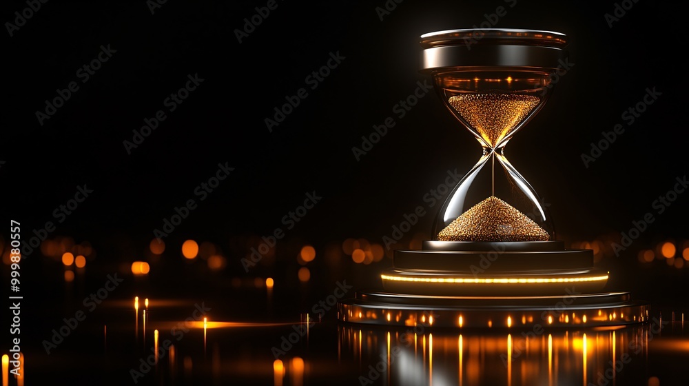 Poster 3D-rendered hourglass with golden grains symbolizing strategic planning and successful time management isolated on a reflective background Large space for text in center Stock Photo with copy space
