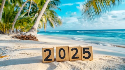 New year number "2025" wooden cubes on a tropical beach with palm trees and a blue ocean background. New Year concept
