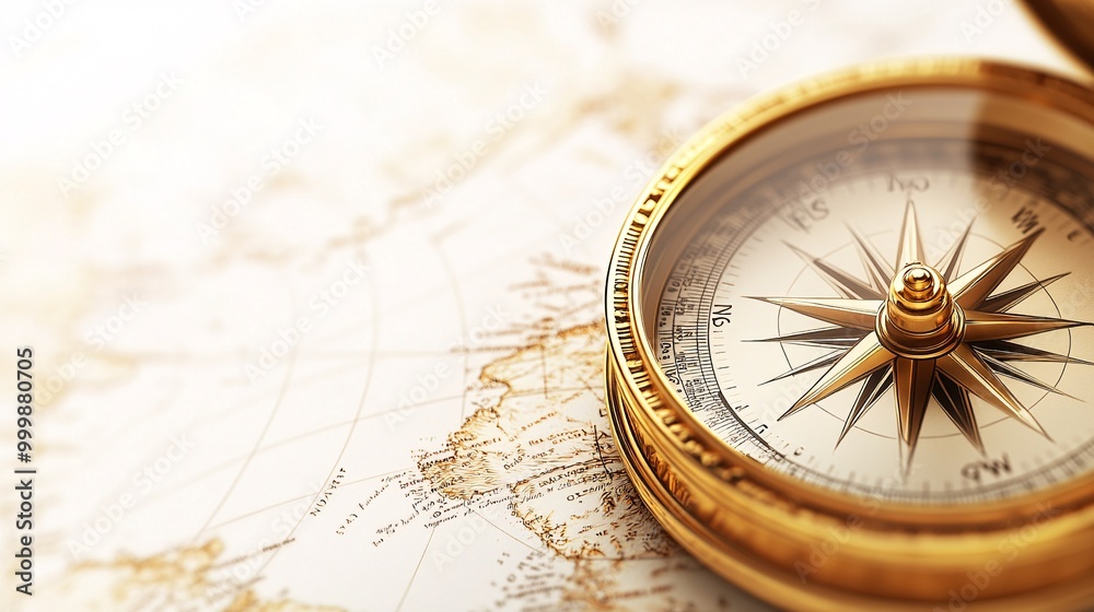 Poster 3D golden compass symbolizing guidance and the right direction for achieving success and life goals isolated on a white background Large space for text in center Stock Photo with copy space