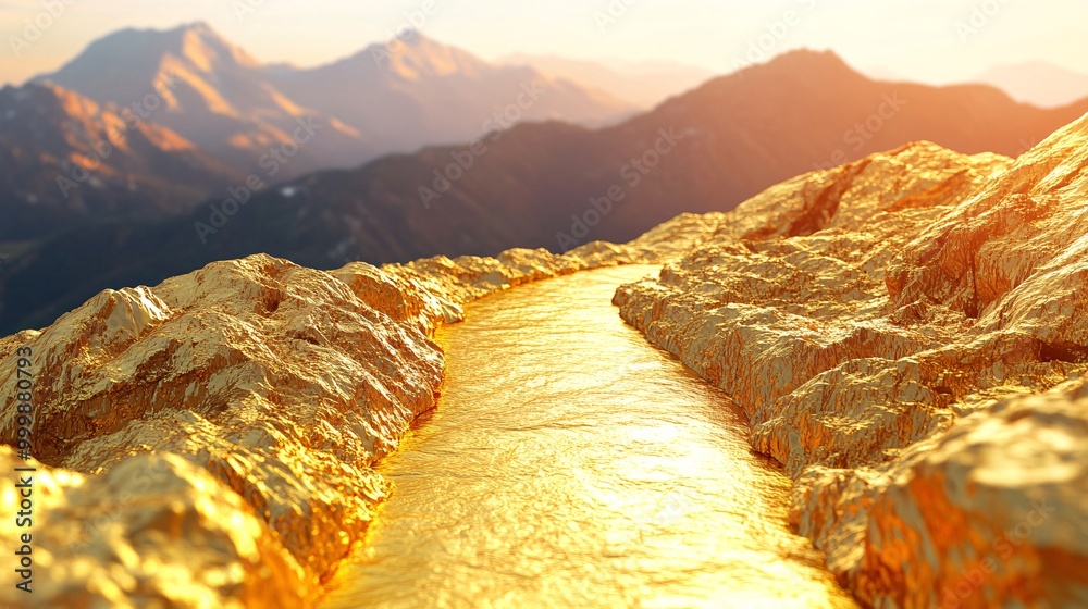 Poster Abstract 3D mountain landscape with a golden path leading to the summit symbolizing overcoming challenges and reaching success Large space for text in center Stock Photo with copy space