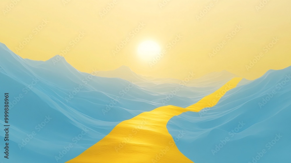 Aufkleber abstract 3d mountain landscape with a golden path leading to the summit symbolizing overcoming chall