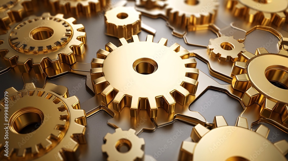 Poster Golden 3D cogwheels perfectly interlocked representing seamless teamwork and achieving success together isolated on a white background Large space for text in center Stock Photo with copy space