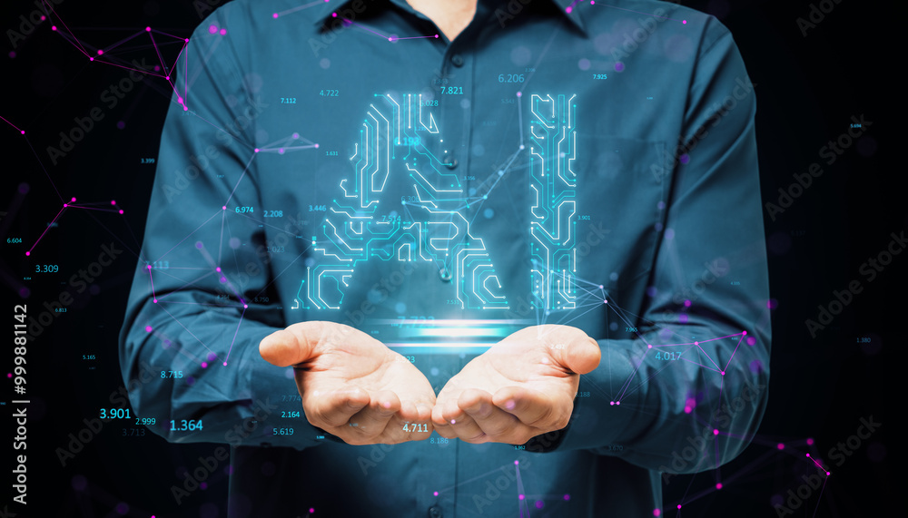 Poster Hands presenting an AI symbol made of digital circuits and connections on a dark background.
