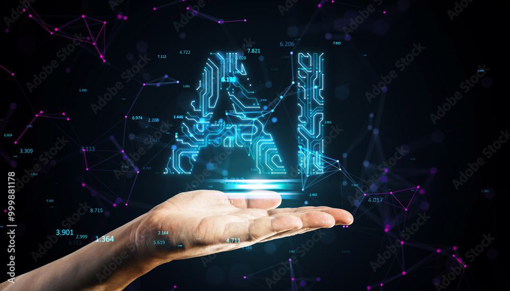 Aufkleber ai digital circuit symbol hovering above a hand against a dark background.