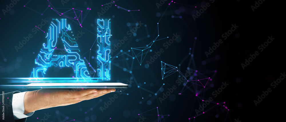 Poster Hand holding a tablet displaying a digital AI symbol with circuit patterns against a dark cyberspace background.