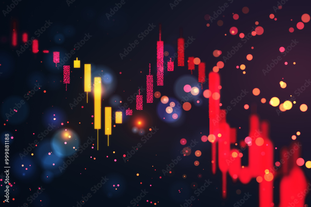 Poster Stock market graph showing a downward trend with red and yellow candlesticks on a dark background. 3D Rendering