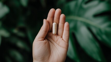 Hand Holding Herbal Supplement Capsule Against Green Background