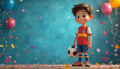 Aniversário. Ilustração de um menino sorridente com uniforme de futebol, cercado por balões e confetes coloridos, em um ambiente festivo e alegre. Festa de aniversário. Convite.