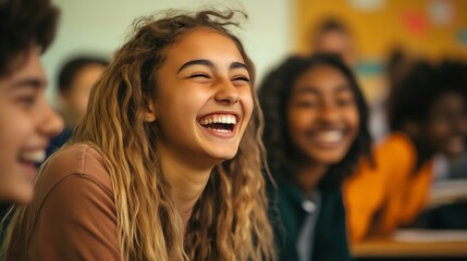 Obraz premium A teenage girl laughs in a classroom.