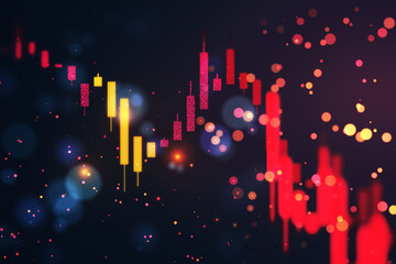 Stock market graph showing a downward trend with red and yellow candlesticks on a dark background. 3D Rendering