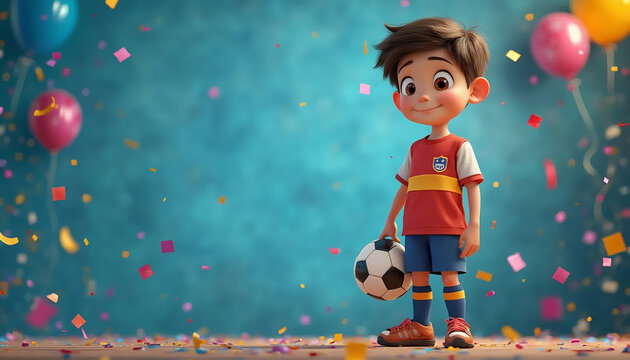 Anivers&aacute;rio. Ilustra&ccedil;&atilde;o de um menino sorridente com uniforme de futebol, cercado por bal&otilde;es e confetes coloridos, em um ambiente festivo e alegre. Festa de anivers&aacute;rio. Convite.