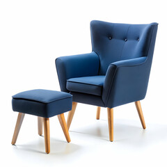 dark blue color armchair and small chair for legs on white background