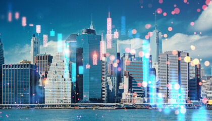 New York City skyline with digital financial graphs and charts overlay.