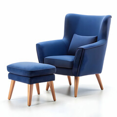 dark blue color armchair and small chair for legs on white background