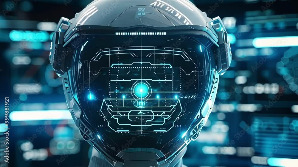 Poster astronaut wearing a futuristic helmet with a brain computer interface is analyzing data on screens i