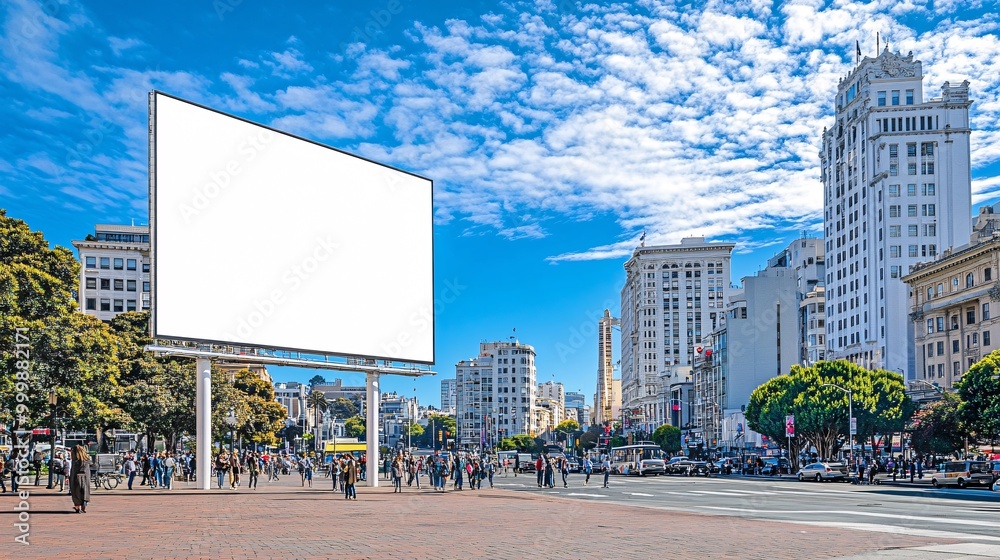 Poster a large blank billboard overlooking union square in san francisco with bustling shopping crowds styl