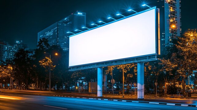 A blank billboard at Orchard Road in Singapore with sleek and modern glass buildings luxury retail stores and vibrant city lights reflecting the areas upscale vibe Large space for text in center
