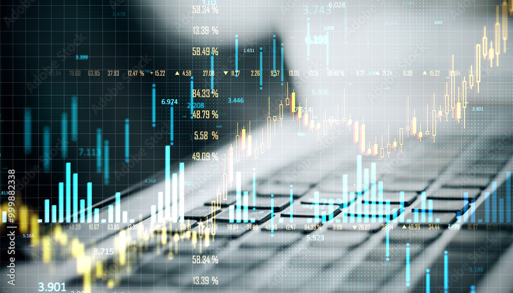 Poster Double exposure of financial charts and graphs over a keyboard background.