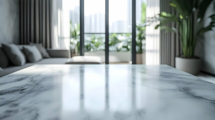 Fototapeta premium White Marble Tabletop with Reflections of a Modern Living Room