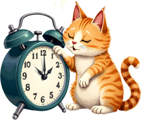 Cute Orange Cat Sleeping Beside an Alarm Clock
