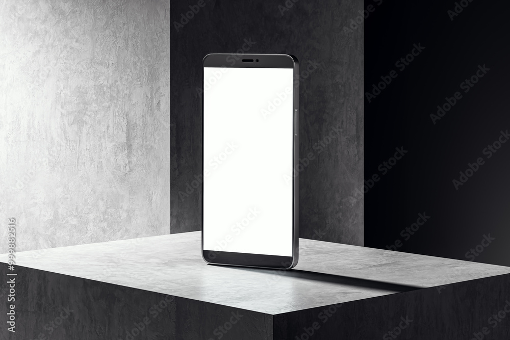 Poster modern smartphone with blank screen on a grey pedestal. 3d rendering