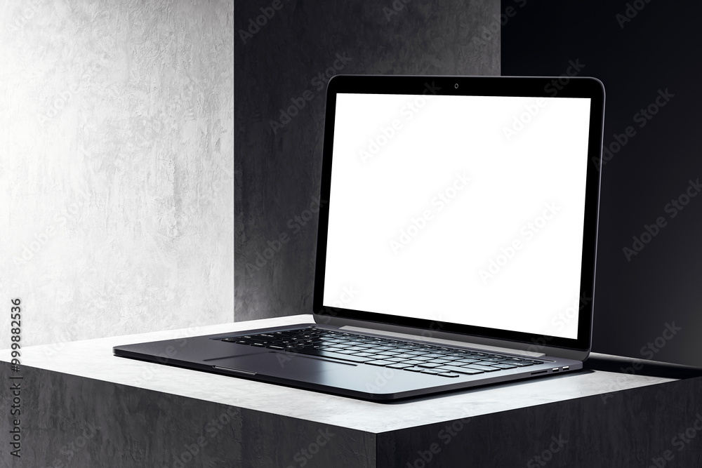 Poster modern laptop with blank screen on a concrete pedestal. 3d rendering