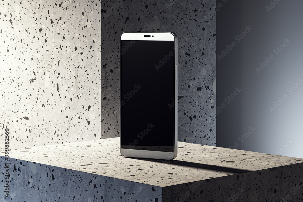 Poster Modern smartphone with blank screen on a terrazzo stone platform. 3D Rendering