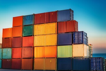 A wall of colorful shipping containers stacked on top of each other, creating an abstract pattern. The background is filled with various shades and colors of the sea. 