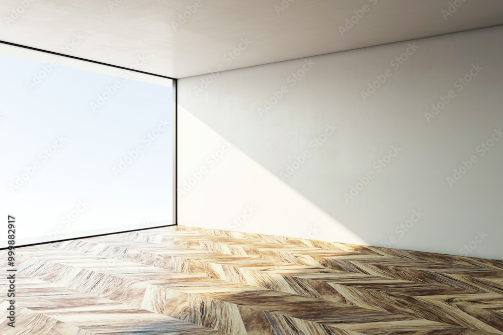 Poster modern empty room with wooden floor and large window. 3d rendering