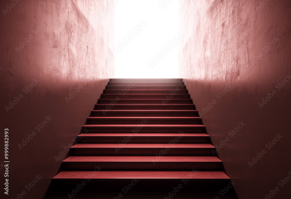 Poster red staircase leading upwards with light at the top. 3d rendering