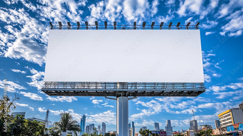 Poster a blank billboard towering over the busy silom road in bangkok with a mix of modern office buildings