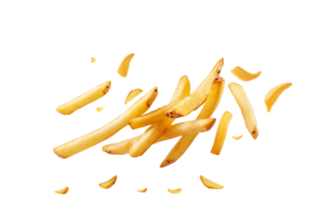 Crispy french fries falling through the air, isolated on white background.