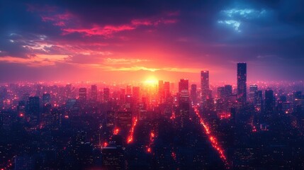 Fototapeta premium Glowing City Skyline at Night with Ample Space for Text or Design Use