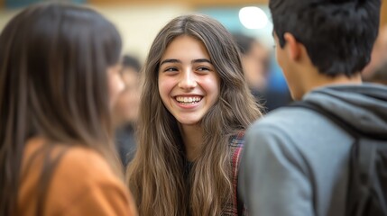 Obraz premium A group of teenagers laugh together in a school hallway.