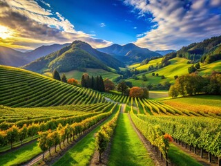 Fototapeta premium Breathtaking Mountain Valley Vineyards Surrounded by Lush Green Hills and Clear Blue Skies
