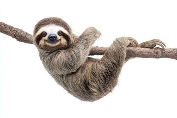 Naklejka premium Sloth, Animal of Costa Rica on white background, isolated, funny animal hanging on tree branch scratching belly, generative ai