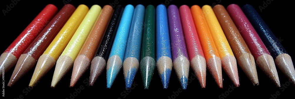 Aufkleber a row of sharpened colored pencils in various hues, arranged in a rainbow order, capturing the essen