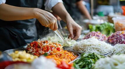 Obraz premium A chef skillfully preparing Som Tum at a street food stall, with fresh ingredients laid out, capturing the authentic atmosphere of Thai street food culture.