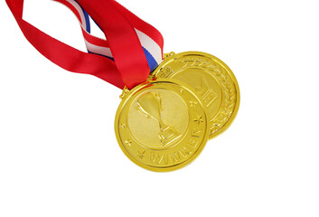 Two golden medals isolated on white background