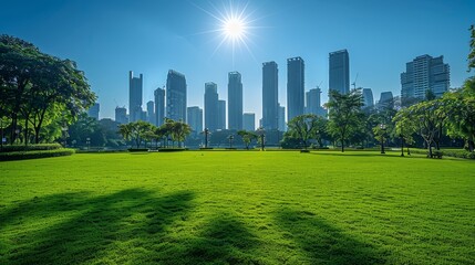 Fototapeta premium Jakarta Kuningan skyline with many office and apartment skyscraper buildings with nice green lawn park garden at the foreground and bright clear blue sky