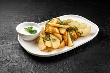 A plate of french fries with a white sauce on the side