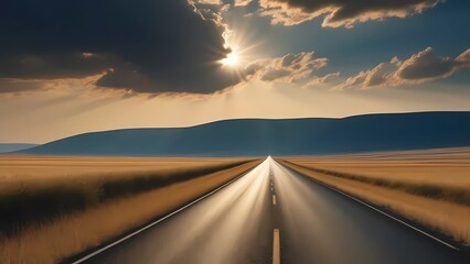 Naklejka premium Driving through arid wilderness, the calm afterglow of sunset inspires a journey into solitude