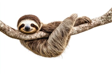 Fototapeta premium Sloth, Animal of Costa Rica on white background, isolated, funny animal hanging on tree branch scratching belly, generative ai