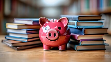 A piggy bank smiles cheerfully as it sits next to a stack of colorful books, symbolizing the importance of saving for knowledge and education.