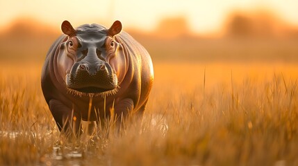 A majestic hippo stands in golden grass at sunset, showcasing its robust form against a serene, natural backdrop.