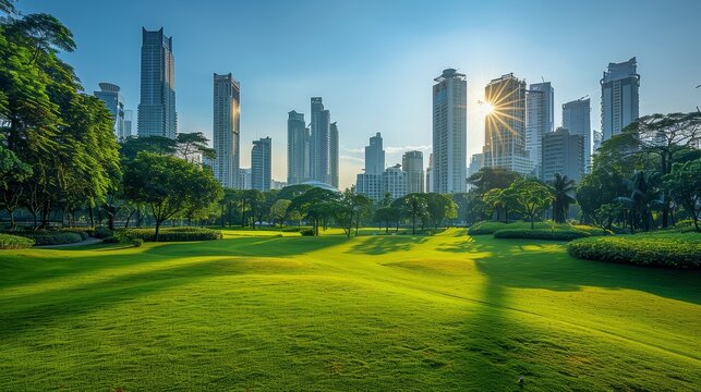 Jakarta Kuningan skyline with many office and apartment skyscraper buildings with nice green lawn park garden at the foreground and bright clear blue sky