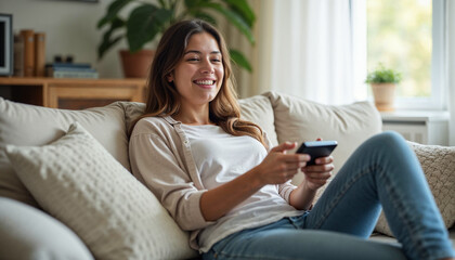 Obraz premium Glad millennial female buyer of air conditioner relax on sofa hold controller breath cool fresh air despite of hot summer day outside. Happy young lady regulate climate at home using modern ac device